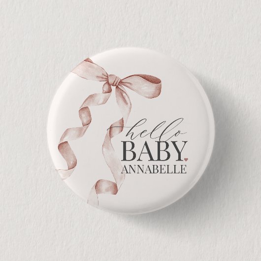 Beige Hello Baby Bow Girl Baby Shower Favoriten Button (Vorderseite)
