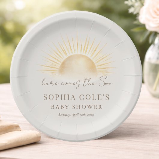 Beige Here Comes The Son Boho Boy Baby Shower Pappteller