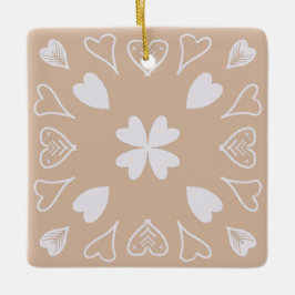 Beige Herz Folk Art Muster Weihnachtsbaum Keramikornament