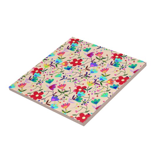 Beige Hintergrund farbenfrohe Blumenmuster Fliese (Seite)