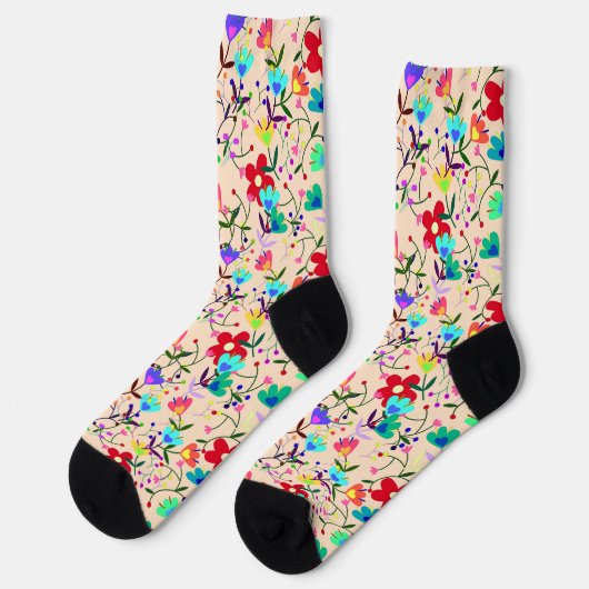 Beige Hintergrund farbenfrohe Blumenmuster Socken (Linkes Detail)