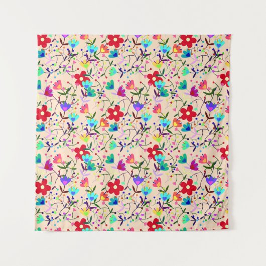 Beige Hintergrund farbenfrohe Blumenmuster Wandteppich (Vorderseite)