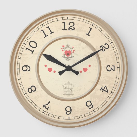 Beige Hintergrund und Herz Große Wanduhr (Vorderseite)