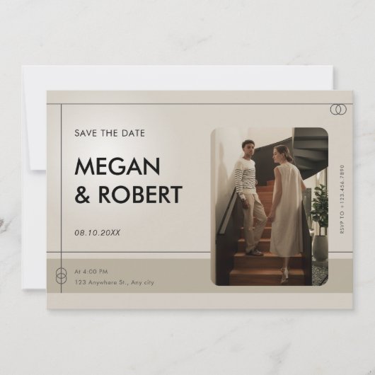 Beige Hochzeit Minimalistisches Lässiges Foto Save The Date (Vorderseite)