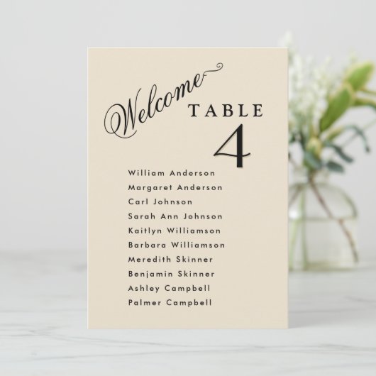 Beige, Hochzeitsplankarten mit Gästebamen Einladung (Stehend Vorderseite)