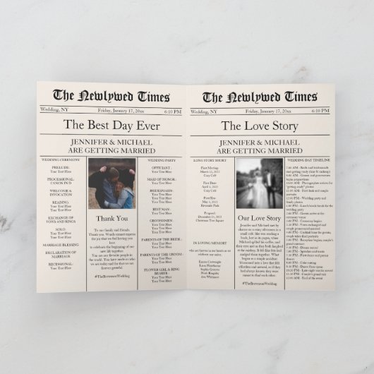 Beige Hochzeitszeitung Zeitplan Programm Geschicht (Innenseite)