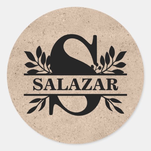 Beige Imitate Kraft Schwarze Blätter Split Monogra Runder Aufkleber (Vorderseite)