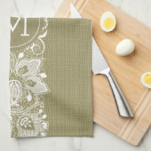 Beige Imitate Leinen und Weiße Blumenlatte Handtuch (Viertel Falte)