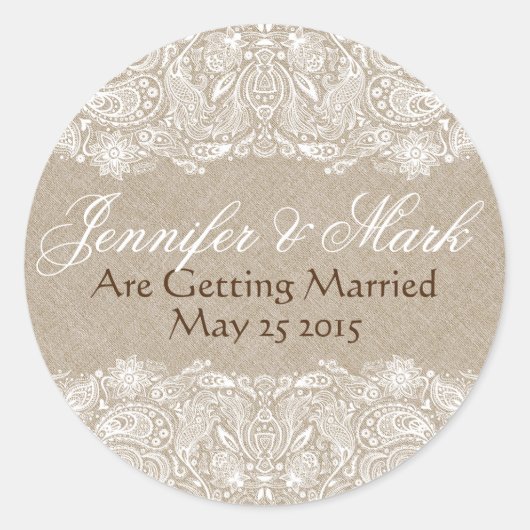Beige Imitate Linen Burlap & White Paisley Lace Runder Aufkleber (Vorderseite)