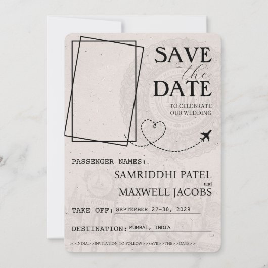 Beige India Passport Save the Date (Rückseite)