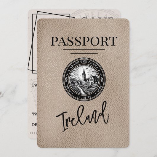 Beige Ireland Passport Save the Date (Vorne/Hinten)