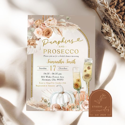 Beige Ivory Boho Pumpkin & Prosecco Brautparty Einladung
