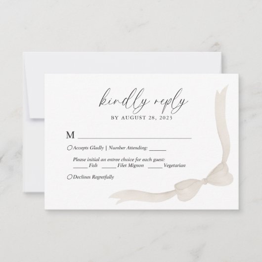 Beige Ivory Bow Ribbon Menu Choice Wedding RSVP (Vorderseite)