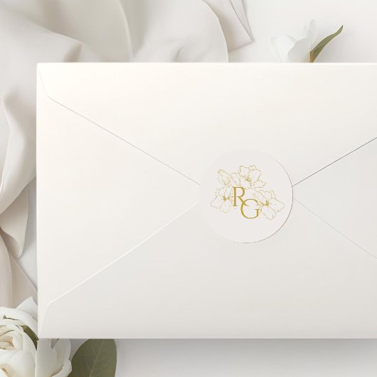 Beige Ivory | Floral Faux Gold Monogram Wedding Runder Aufkleber