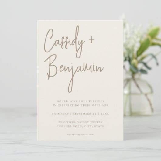 Beige Ivory Script Minimalistisch Moderne Hochzeit Einladung (Stehend Vorderseite)