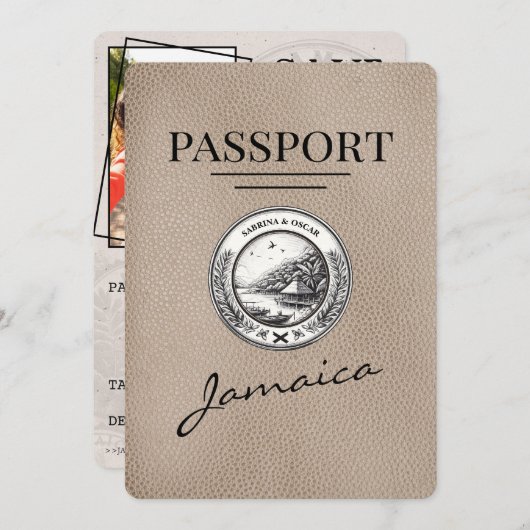 Beige Jamaica Passport Save the Date (Vorne/Hinten)