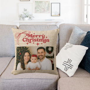Beige Jute-Foto rote handgezeichnete Weihnachtssch Kissen