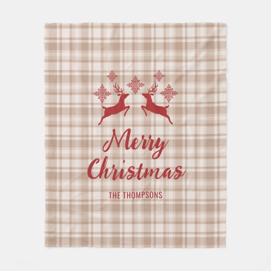 Beige Kariert Red Deer Frohe Weihnachts-Individuel Fleecedecke (Vorderseite)