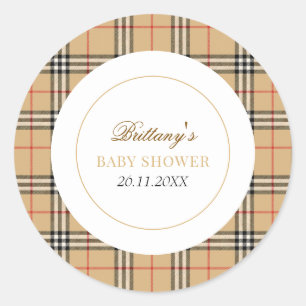 Beige Karo Designer Kariert Babydusche Runder Aufkleber