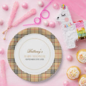Beige Karo Kariert Babydusche Pappteller (Party)