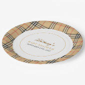 Beige Karo Kariert Babydusche Pappteller (Schrägansicht)