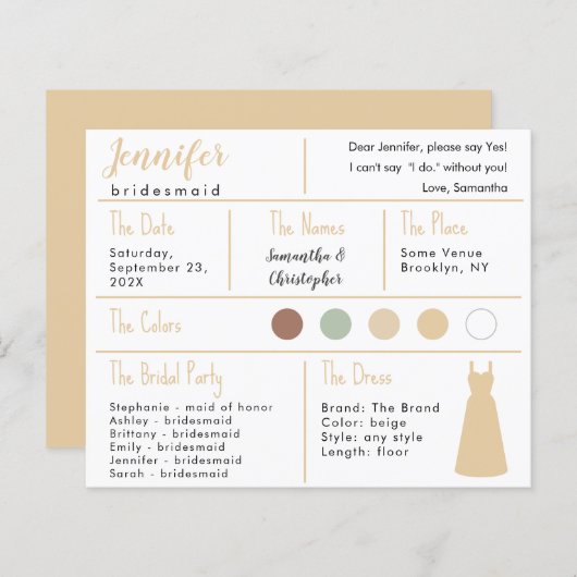Beige Kleiderfarben Bridesmaid Information Card (Vorne/Hinten)