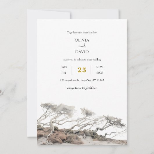 Beige Küste windgekehrte Bäume View Beach Hochzeit Einladung (Vorderseite)