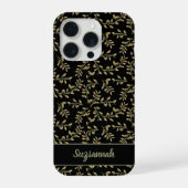 Beige Leaf-Muster auf schwarzem Hintergrund Custom iPhone Hülle (Rückseite)