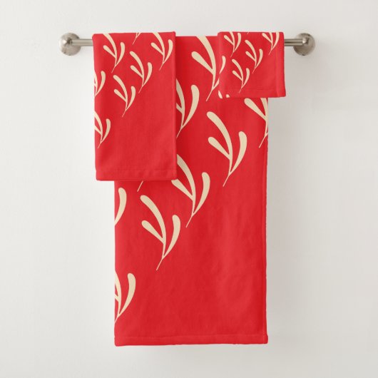 Beige Leaf Repeat Red Badhandtuch Set (Insitu)