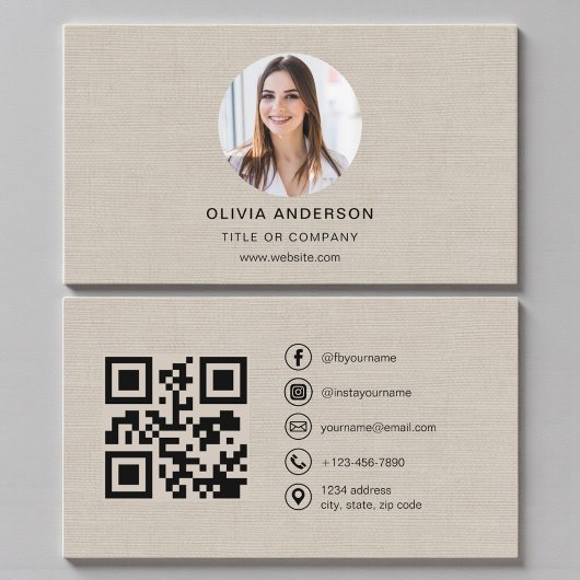 Beige Leinen-Foto mit QR-Code Social Media Visitenkarte