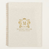 Beige Leinen Gold Royal Crest Krone Monogramm Planer (Vorderseite)