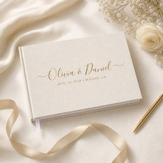 Beige Leinen Gold Schrift Chic Minimalistische Hoc Gästebuch