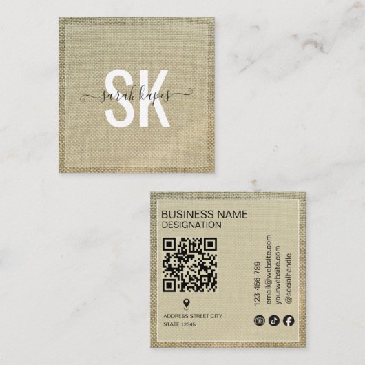 Beige Leinen Rustikales Monogramm Qr Code Quadratische Visitenkarte (Vorne/Hinten)