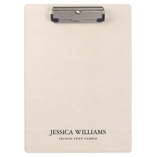 Beige Leinenstruktur einfache schwarze Typografie Klemmbrett (Vorderseite)