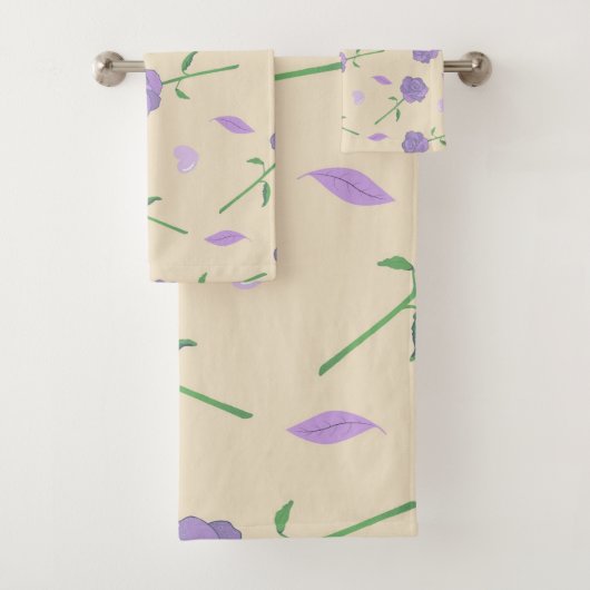 Beige Lila Rose Floral Boho Botanisches Muster Badhandtuch Set (Insitu)