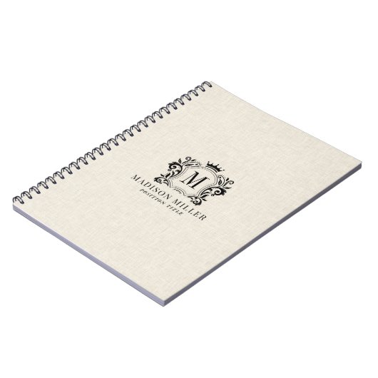 Beige Linen Black Royal Crest Crown Monogram Notizblock (Linke Seite)