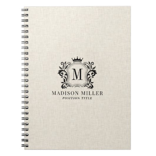 Beige Linen Black Royal Crest Crown Monogram Notizblock (Vorderseite)