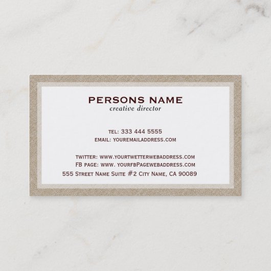 Beige Linen Burlap Textur Weißer Hintergrund Visitenkarte (Rückseite)