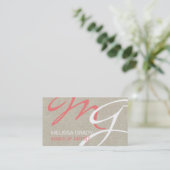 Beige Linen Coral Monogram Modern Business Card Visitenkarte (Stehend Vorderseite)