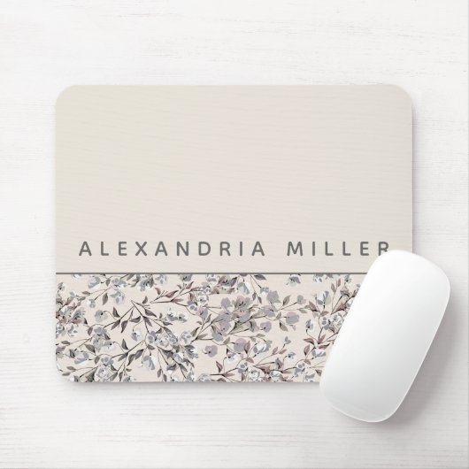 Beige Linen Floral | Personalisierter Name Mousepad (Mit Mouse)
