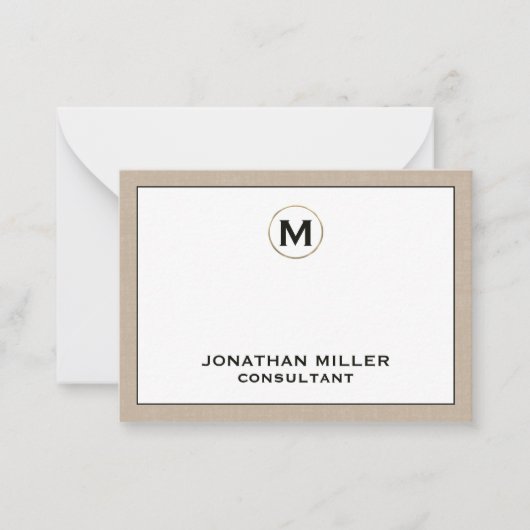 Beige Linen Gold Erstmonogramm Mitteilungskarte (Vorderseite)