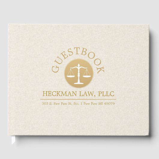 Beige Linen Gold Justice Logo Gästebuch (Vorderseite)