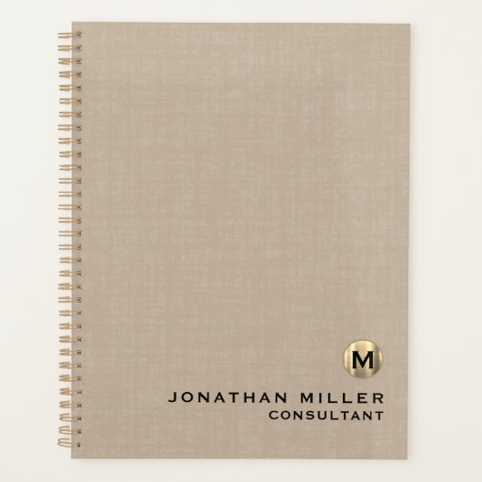 Beige Linen Gold Monogram Appointing Book Planer (Vorderseite)