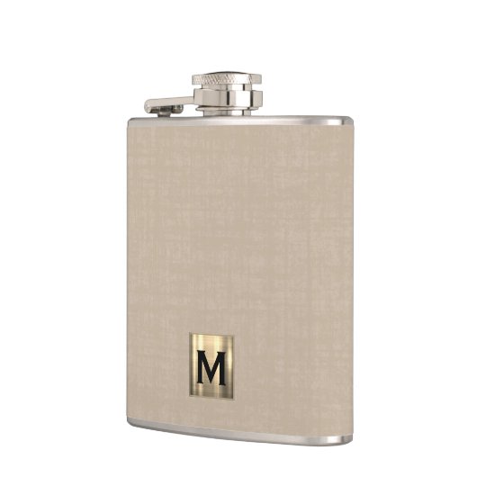 Beige Linen Gold Monogram Flachmann (Links)