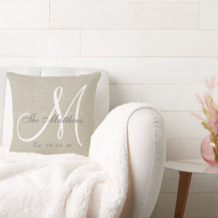 Beige Linen Grau White Monogram Family Keepake Kissen