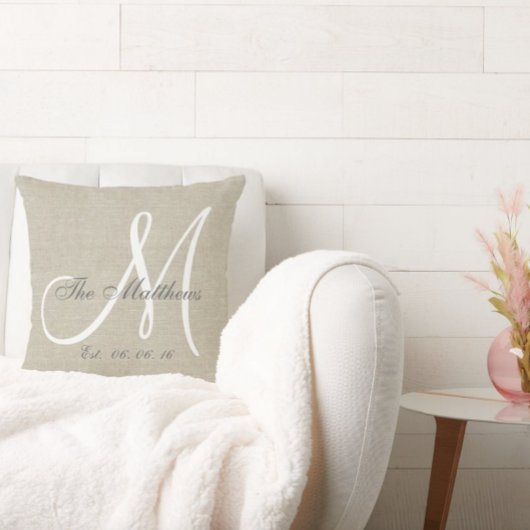 Beige Linen Grau White Monogram Family Keepake Kissen