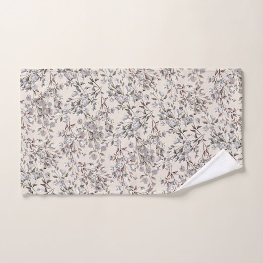 Beige Linen & Gray Dainty Floral Pattern Badhandtuch Set (Handtuch)