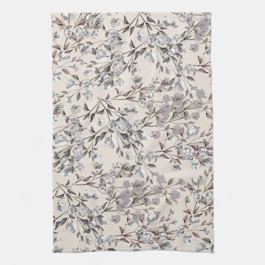 Beige Linen & Gray Elegantes Blumenmuster Geschirrtuch (Vertikal)