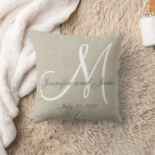 Beige Linen Gray White Monogram Wedding Keepake Kissen (Decke)