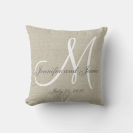Beige Linen Gray White Monogram Wedding Keepake Kissen